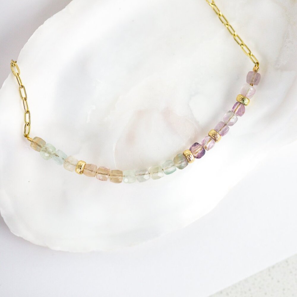 Pastel Gemstone Beaded Necklace Gold Paperclip Chain Waterproof Fluorite Crystal - Picture 2 of 13